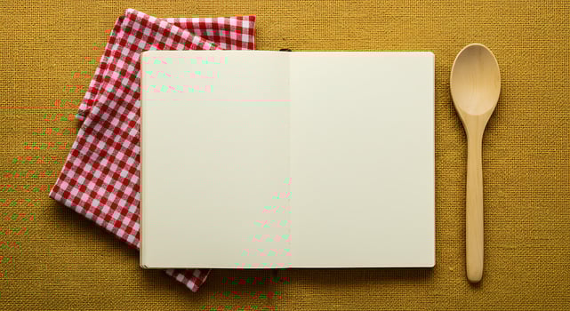 A notebook, a spoon and a red gingham napkin on a yellow background photo
