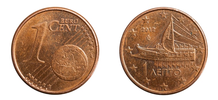 1 euro cent coin on white isolated photo