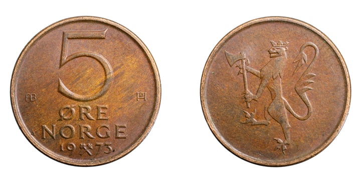 Norway five ore coin on a white isolated photo