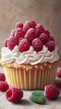 Delicious raspberry cupcake topped with fresh berries and cream in a rustic setting photo