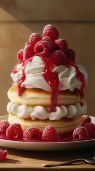 Delicious layered pancakes topped with fresh raspberries and cream at a cozy breakfast setting photo