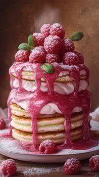 Delicious raspberry layered pancakes topped with cream and fresh berries at a cozy breakfast setting photo