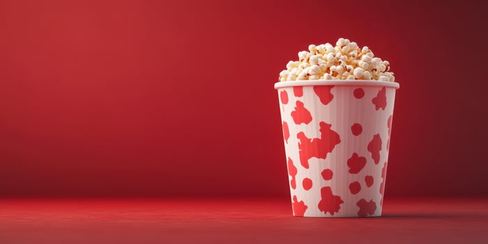 Red background with a large cup of popcorn fills the frame for a cinema snack experience photo