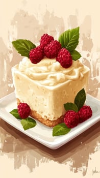 Creamy cheesecake topped with fresh raspberries and mint on a white plate photo