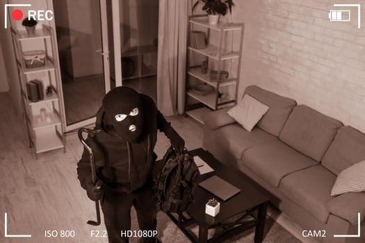 Being Caught. Robber entering house, holding crowbar and looking at CCTV camera, high angle view from above photo