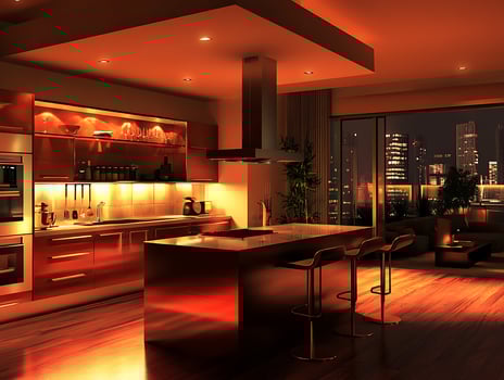 A kitchen with a view of the city lights photo