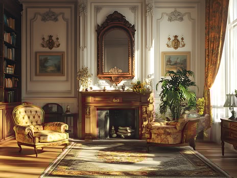 A living room with a fireplace and antique furniture photo