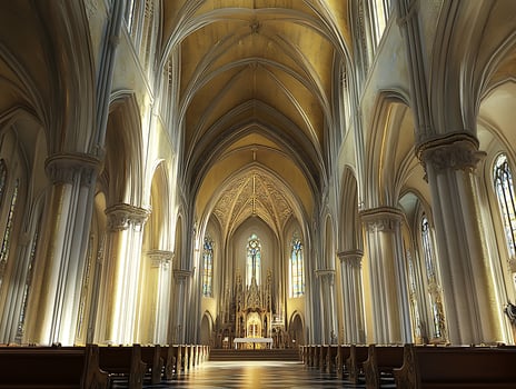 A cathedral with a long aisle and a lot of pews photo