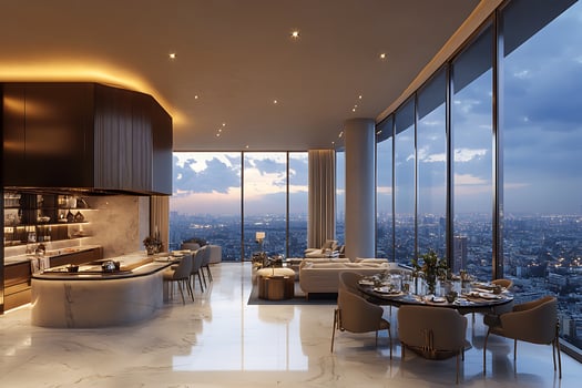 A modern living room with a view of the city photo