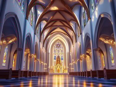A church with a high ceiling and stained glass windows photo