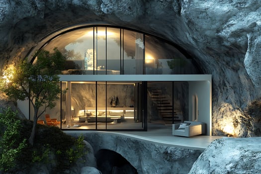 A house in a cave with a tree and a tree photo