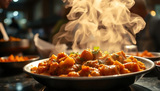 Steaming Hot Curry Dish in Dark Bowl with Warm Lighting photo