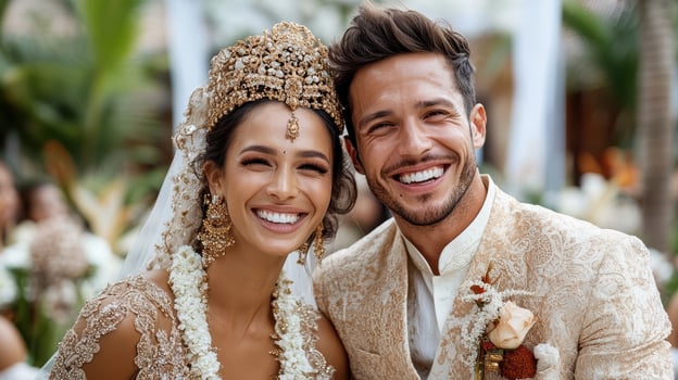 joyful couple celebrating traditional wedding ceremony with cultural attire photo