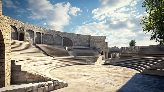 An ancient theater with stone seats and a tree photo