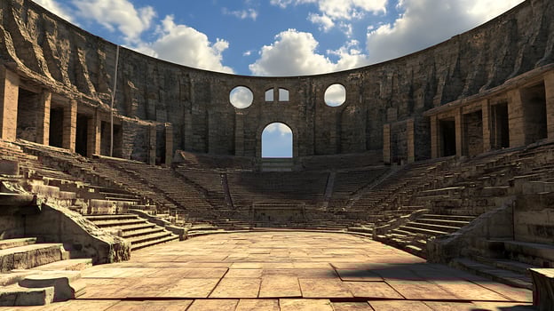 An empty roman amphitheater with a sky background photo