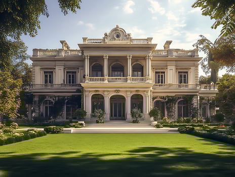 A large mansion with a lawn and trees photo