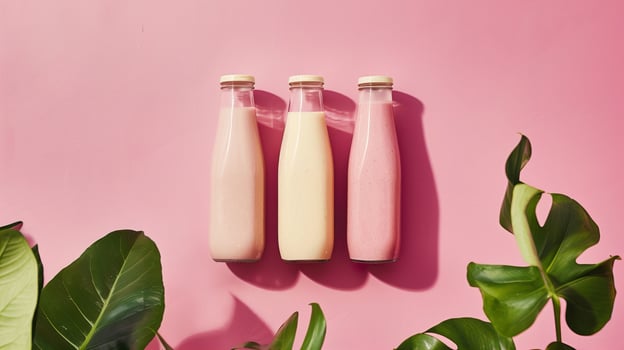 Yogurt Bottles on a Pink Table with Green Leaves photo