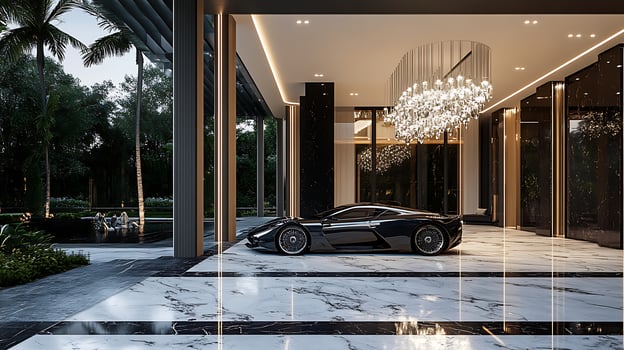 A black sports car parked in front of a marble entrance photo