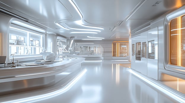 A futuristic kitchen with a long counter and a sink photo