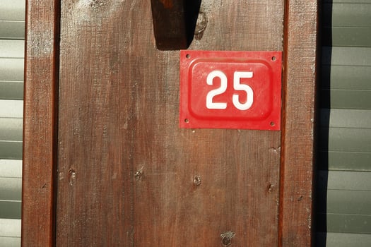 House number 25 displayed on wooden door in bright sunlight photo