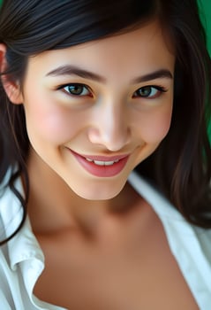 Smiling Woman Portrait with Brunette Hair and White Shirt Close-up photo