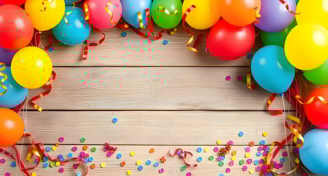 Colorful balloons and confetti on a wooden background photo