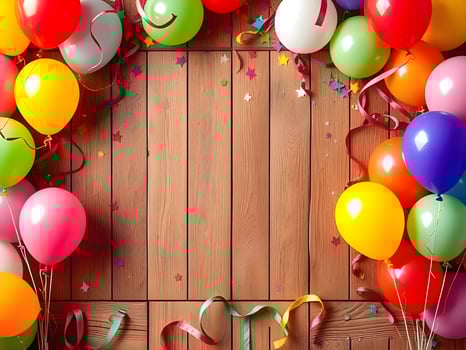 Colorful balloons and streamers on a wooden background photo