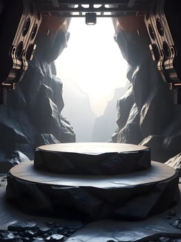 A large rock cavern with a stage in the middle photo