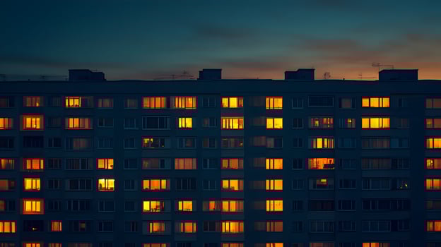 Residential Building at Night with Lit Windows Showing Urban Living Scenery photo