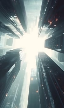 A Captivating Low-Angle View of Futuristic Skyscrapers Reaching Towards a Radiant Horizon photo