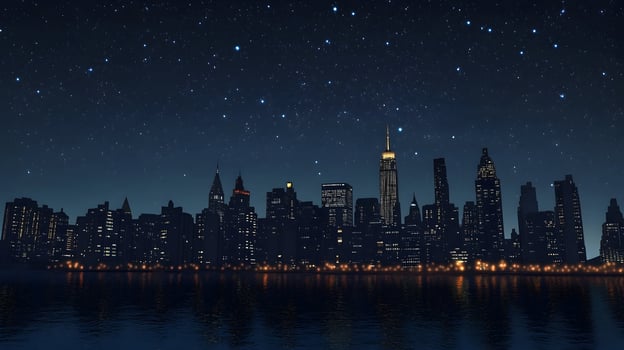 Nighttime Cityscape with Stars, A Stunning View of Illuminated Skyscrapers photo