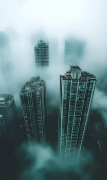 Skyscrapers piercing through thick fog, urban landscape engulfed in mist and mystery photo
