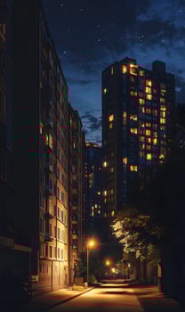 Nighttime urban serenity, Buildings illuminated under a starry, dark blue sky photo