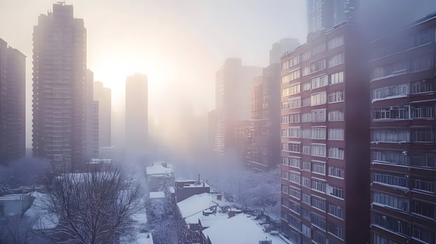 Urban landscape, A serene winter scene with city buildings shrouded in fog and snow photo