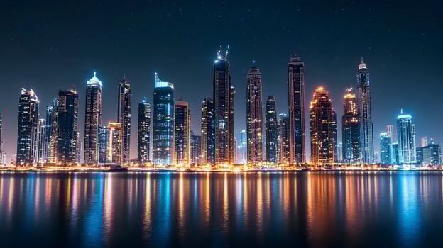 Spectacular city skyline illuminated at night with water reflection in Dubai Marina photo