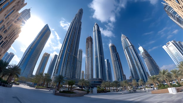 Magnificent view of Dubai Marina skyscrapers against a clear blue sky in United Arab Emirates photo