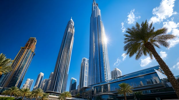 Spectacular architecture of dubai skyline under a bright blue sky with palm tree photo