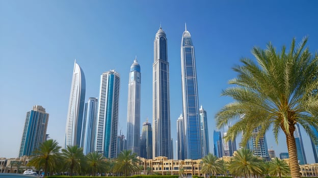 Dubai skyline captures the modern architecture against clear blue sky and palm trees photo