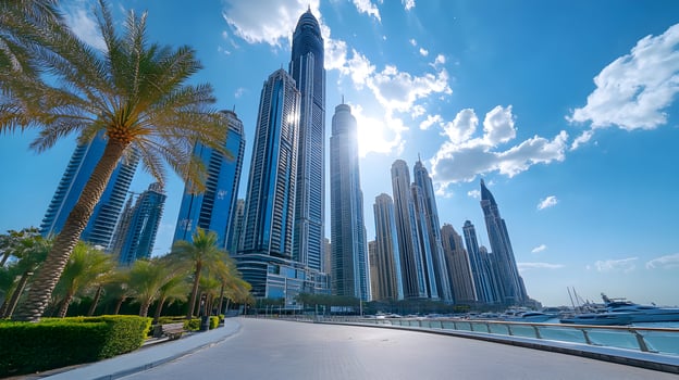 Modern Cityscape of Dubai Marina with Skyscrapers, Palm Trees, and Yachts on a Sunny Day photo