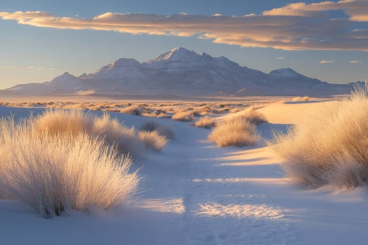 Sunrise illuminating snowy San Andres Mountains over White Sands National Park photo