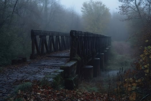 Old wooden bridge disappearing into the fog in a forest during a misty autumn morning photo