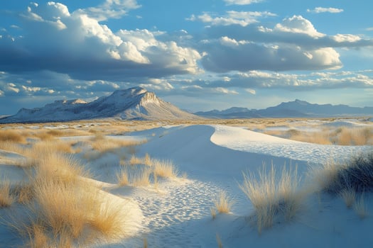 White sands national park landscape showing gypsum dunes and desert plants at sunset photo