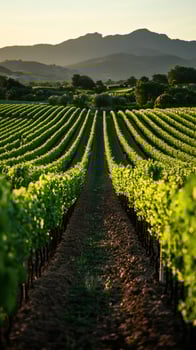 Vineyard landscape with mountains at sunset creating converging lines photo