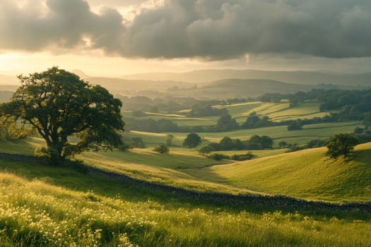 Warm sunlight illuminating idyllic rolling hills in the Yorkshire Dales National Park photo