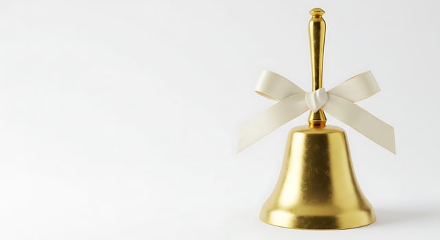 A gold bell with a white ribbon on it photo