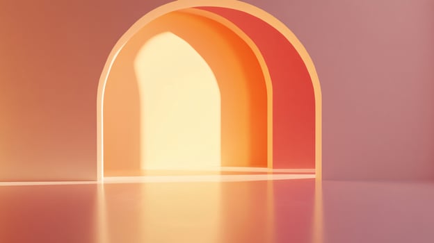 Large archway with a bright light shining through it. The archway is made of a material that looks like stone, and it is surrounded by a wall. The light shining through the archway creates a warm photo