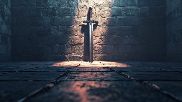 Mysterious sword standing in dark dungeon stone room illuminated by ray of light photo