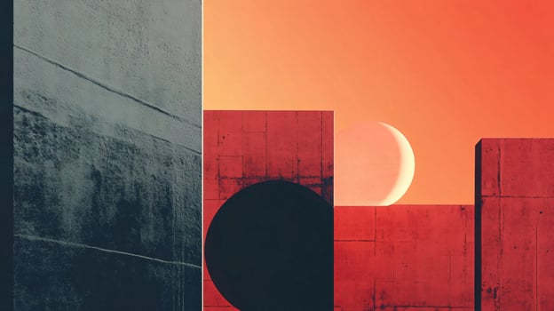 Geometric concrete walls and circle against a gradient orange sky with crescent moon, creating a minimalist and abstract architectural landscape photo