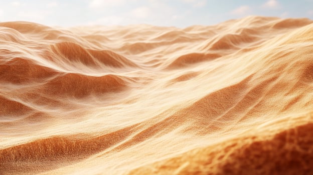 Golden ripples of sand dunes under a vast, clear sky. Soft sunlight creates depth and dimension on the undulating landscape. photo