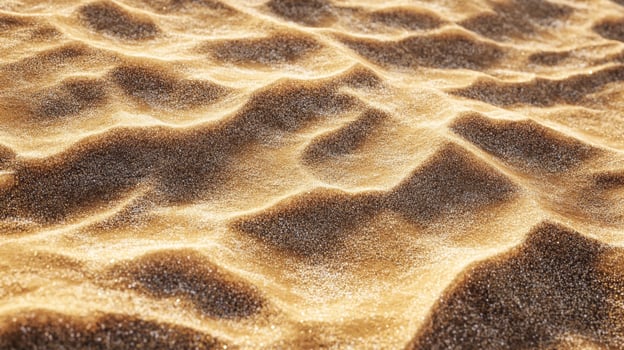 Golden dunes undulate in the desert, sunlight casting shadows on their slopes, showing the granular texture of the grains. photo
